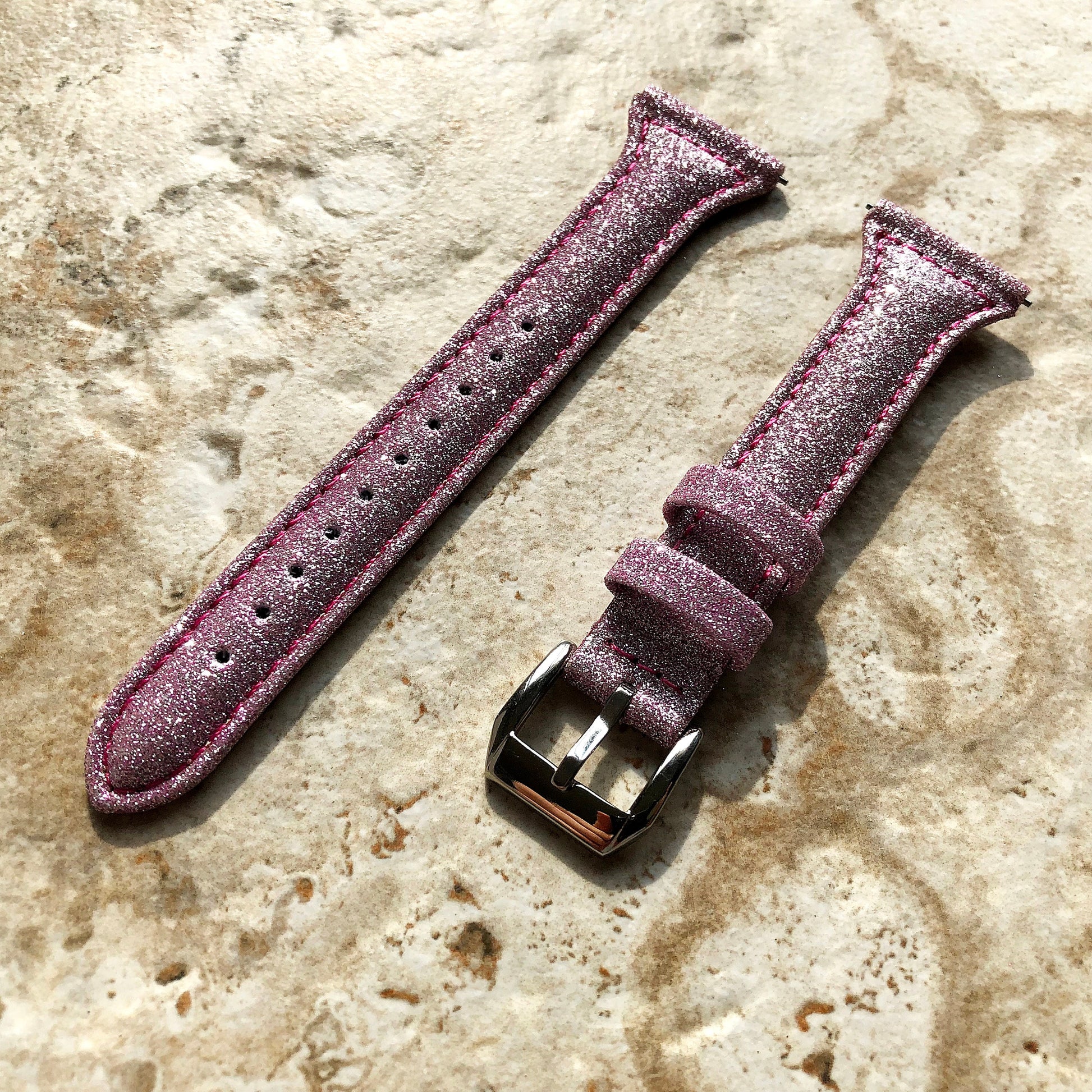 22mm Pink Sparkling Glitter Slim and Elegant Soft Leather Watch Strap Band for Wrist Hand Watches Quick Release Pins - Ready to Attach