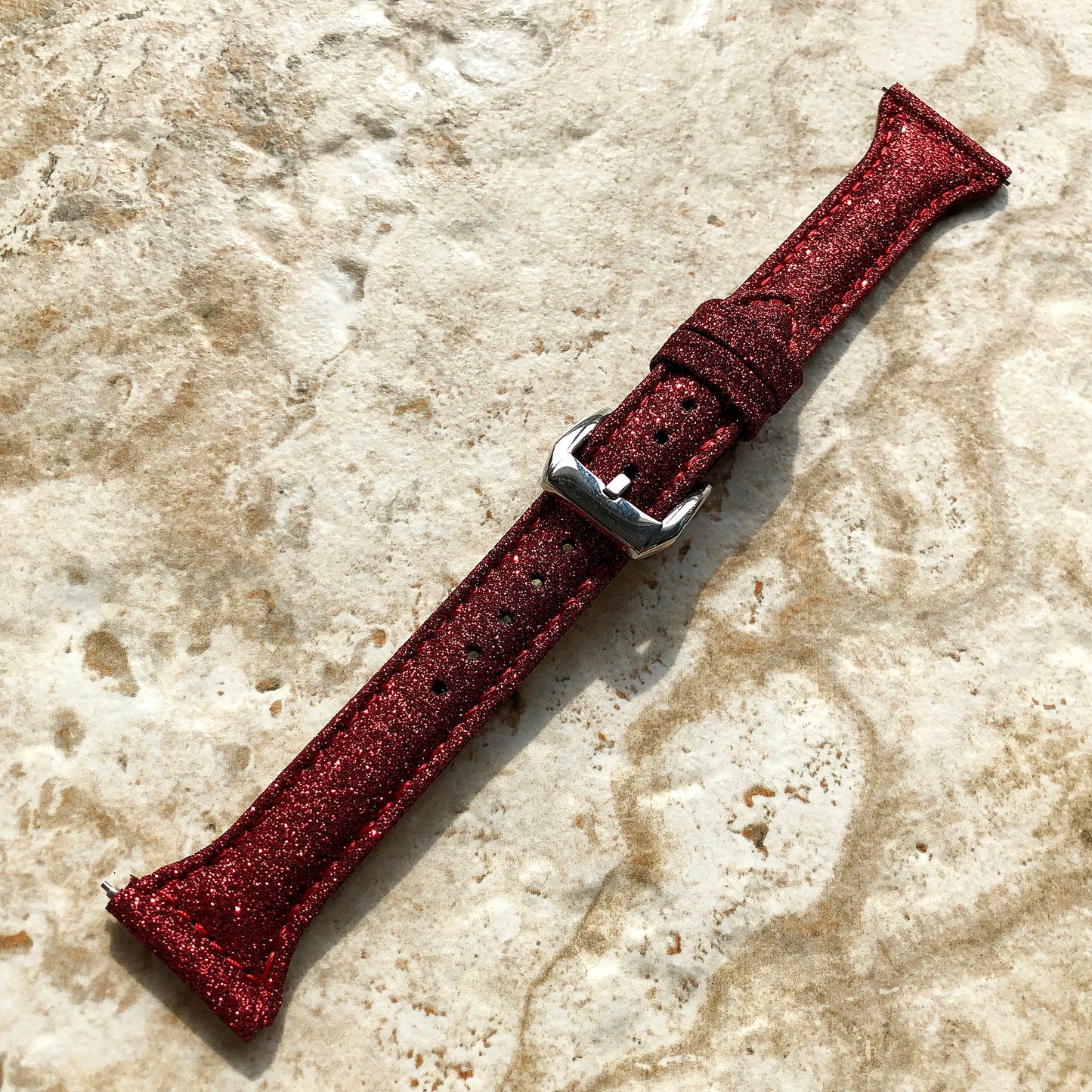 22mm Red Sparkling Glitter Slim and Elegant Soft Leather Watch Strap Band for Wrist Hand Watches Quick Release Pins - Ready to Attach