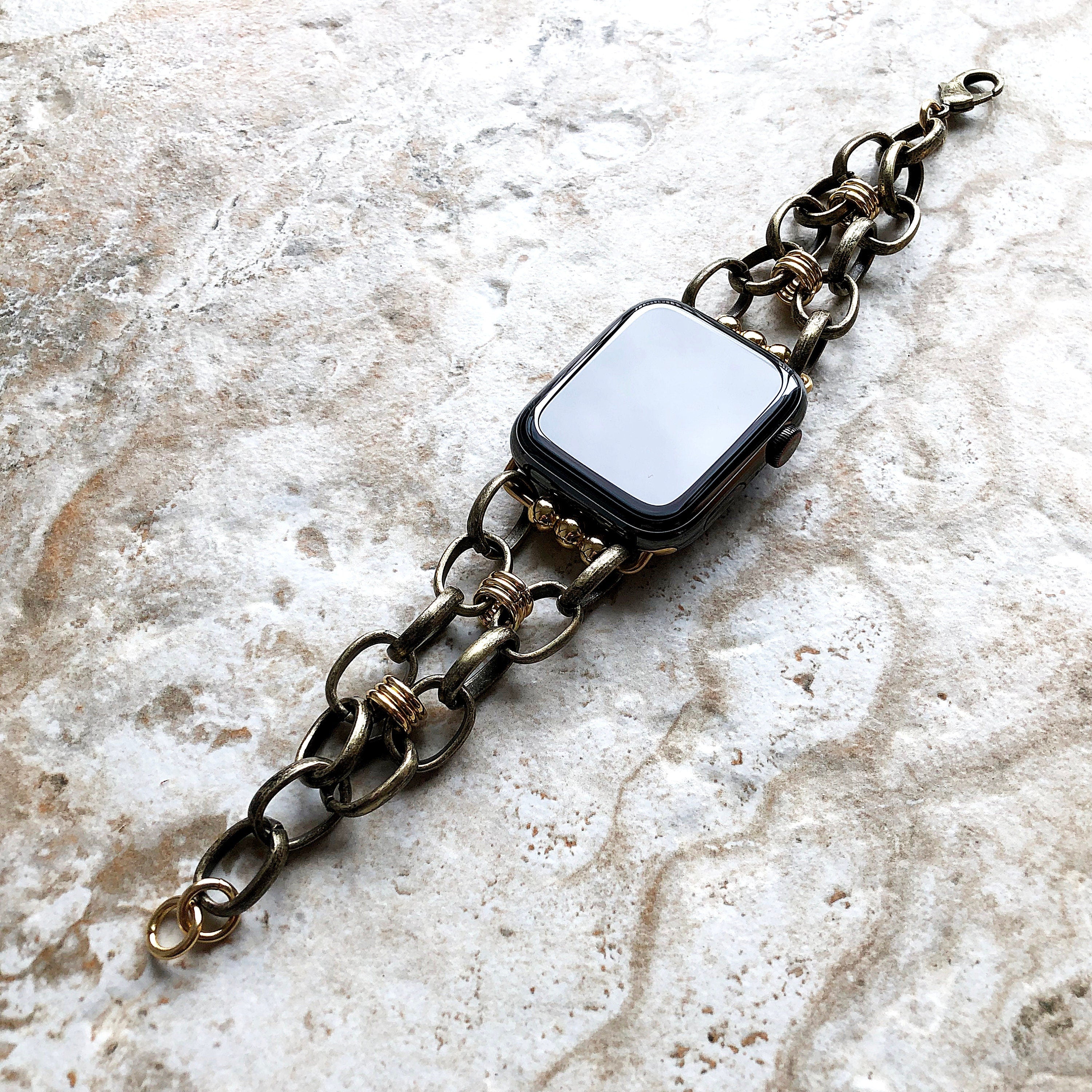 Apple Watch Ultra 2 and 9 8 Series Bracelet for iWatch 41mm 45mm 49mm Case Antique Gold Color Chain Link Band Handmade Fashion Jewelry Strap