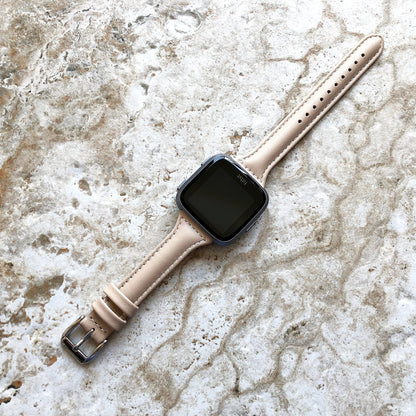 Fitbit Versa Lite 2 3 4 Sense 2 Band Beige Slim Elegant Leather Strap with Stitching Details Quick Release Pins Adapters Silver Rose Gold
