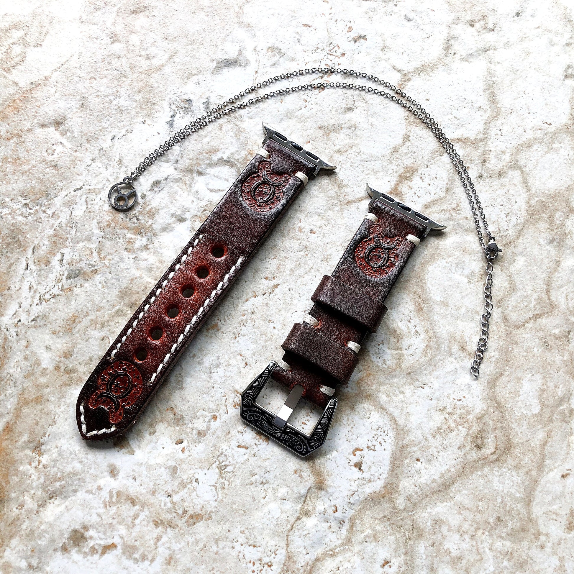 Apple Watch Taurus Zodiac Band Set for iWatch Ultra 2 49mm and 9 8 Series 41mm 45mm Case Brown Leather Tooled Embossed Strap and Necklace