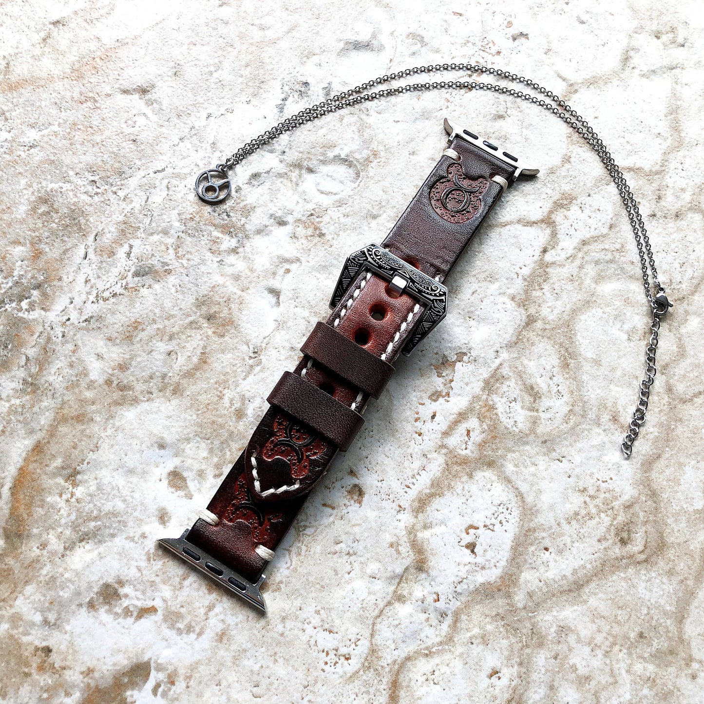 Apple Watch Taurus Zodiac Band Set for iWatch Ultra 2 49mm and 9 8 Series 41mm 45mm Case Brown Leather Tooled Embossed Strap and Necklace