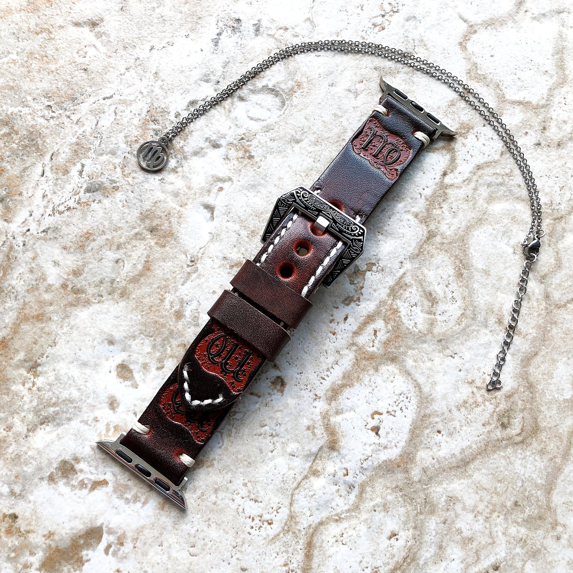 Apple Watch Virgo Zodiac Band Set for Ultra 2 9 8 7 6 SE 5 4 3 2 1 38mm 40 41 42 44 45mm 49mm Brown Leather Embossed Strap Bracelet Necklace