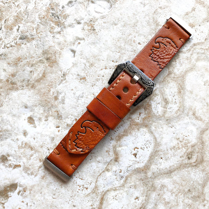 Band for Fitbit Versa 2 3 4 Sense 2 Eagle Head Tooled Embossed Brown Leather Strap Watch Bracelet Engraved Silver Rose Gold Black Finish