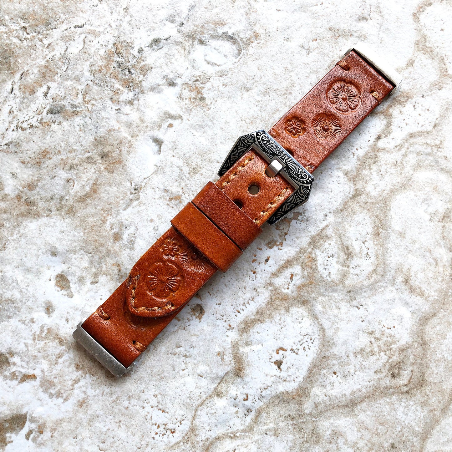 Band for Fitbit Versa 2 3 4 Sense 2 Flowers Tooled Embossed Brown Leather Strap Watch Bands Bracelet Engraved Silver Rose Gold Black Finish