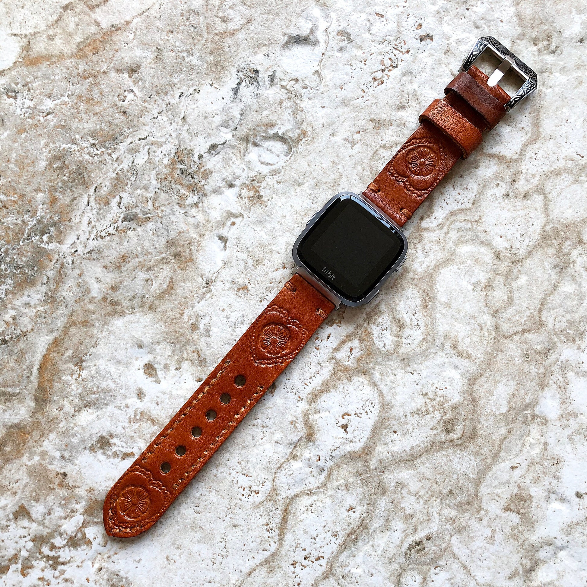 Band for Fitbit Versa 2 3 4 Sense 2 Heart Flower Tooled Embossed Brown Leather Strap Watch Bracelet Engraved Silver Rose Gold Black Finish