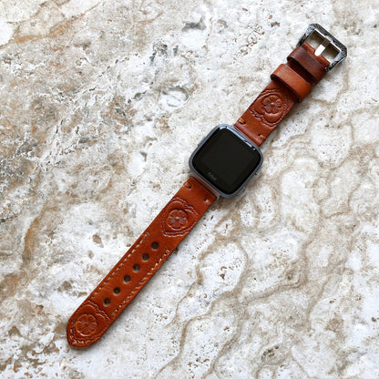 Band for Fitbit Versa 2 3 4 Sense 2 Heart Flower Tooled Embossed Brown Leather Strap Watch Bracelet Engraved Silver Rose Gold Black Finish