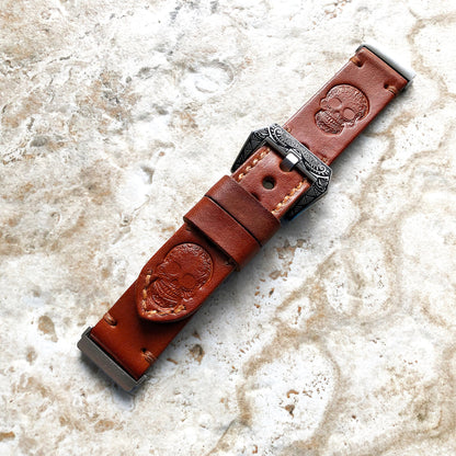 Band for Fitbit Versa 2 3 4 Sense 2 Skull Tooled Embossed Brown Leather Strap Watch Bands Bracelet Engraved Silver Rose Gold Black Buckles