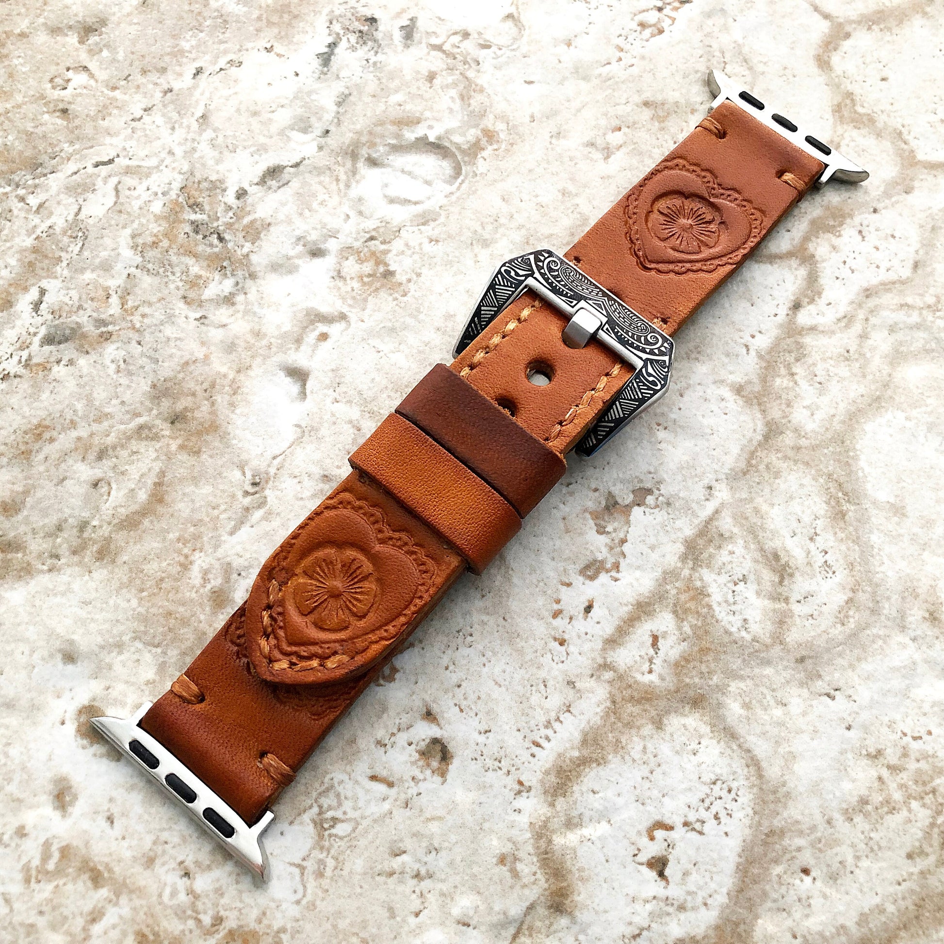 Apple Watch Ultra 2 and 9 8 Series Heart and Flower Leather Band for iWatch 41mm 45mm 49mm Case Embossed Tooled Handmade Strap Bracelet
