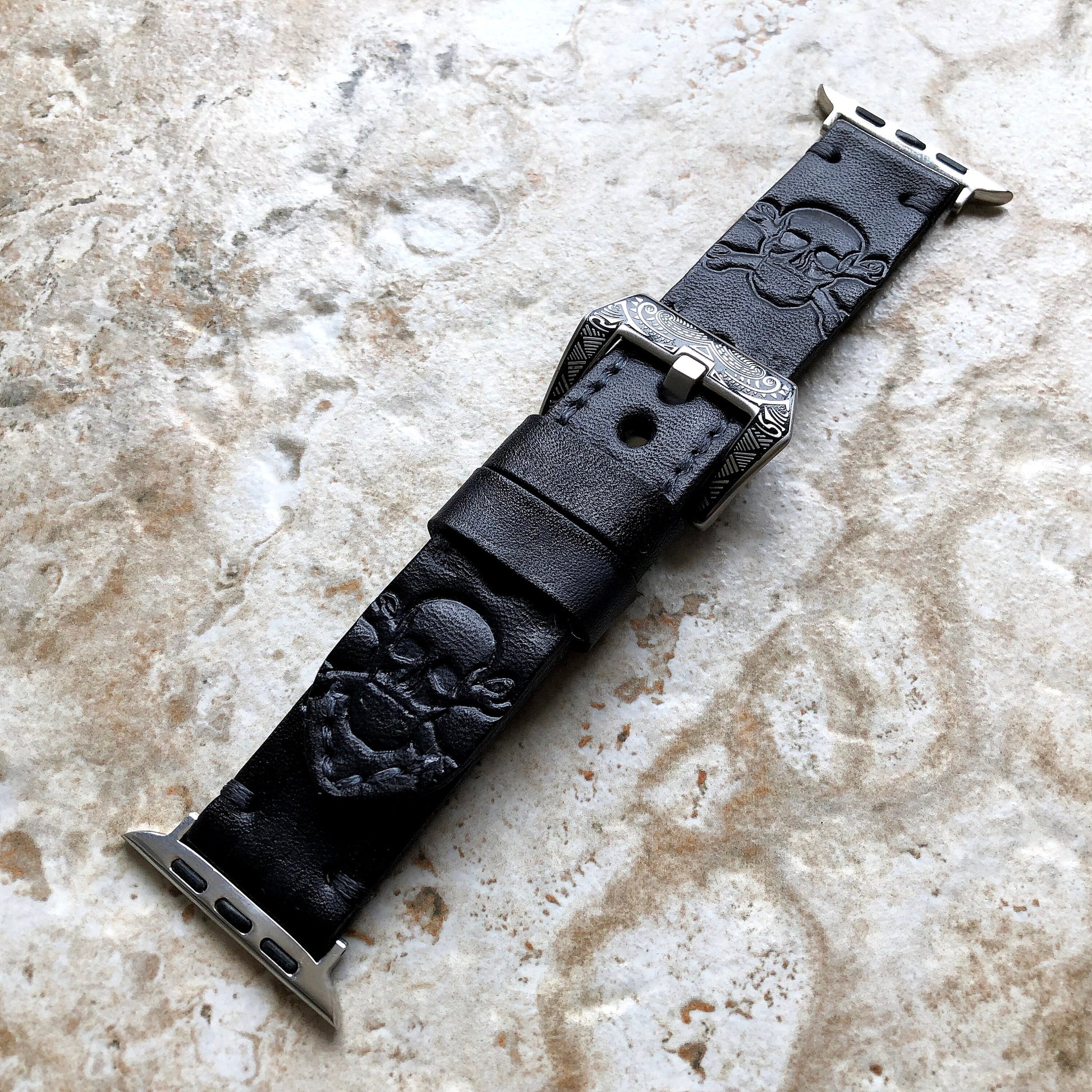 Apple Watch Skull X Bones Band Tooled Embossed Handmade Black Genuine Leather Strap for iWatch 38mm 40mm 41mm 42mm 44mm 45mm 49mm All Series