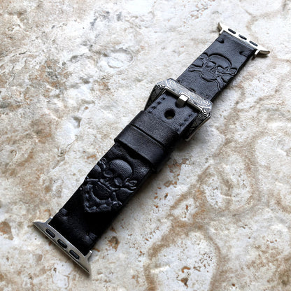 Apple Watch Skull X Bones Band Tooled Embossed Handmade Black Genuine Leather Strap for iWatch 38mm 40mm 41mm 42mm 44mm 45mm 49mm All Series