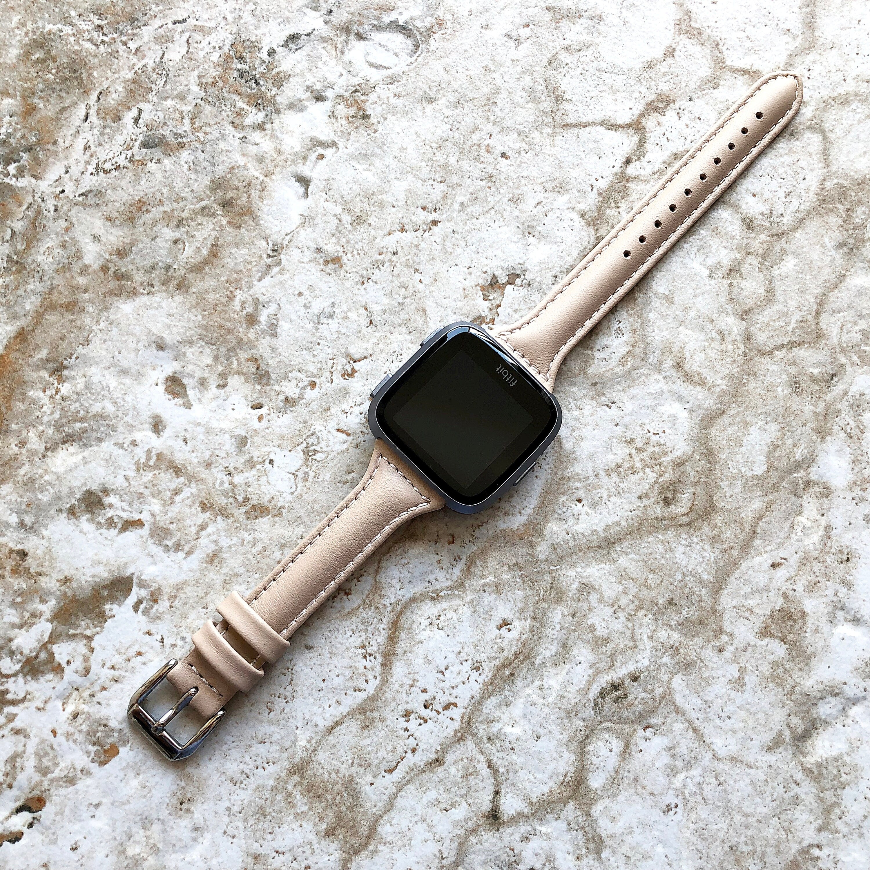 Fitbit Versa Lite 2 3 4 Sense 2 Band Beige Slim Elegant Leather Strap with Stitching Details Quick Release Pins Adapters Silver Rose Gold