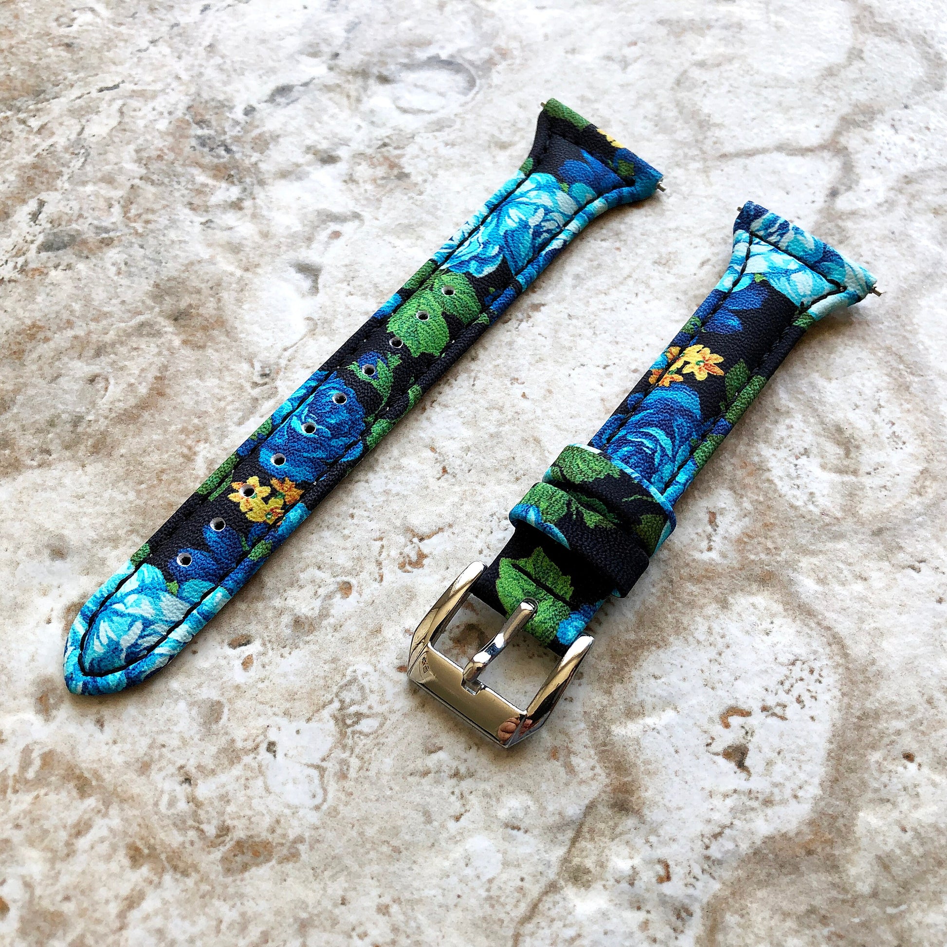 Fitbit Versa Lite 2 3 4 Sense 2 Band Blue Roses Slim Elegant Leather Straps Stitching Details Quick Release Pins Adapters Silver Rose Gold