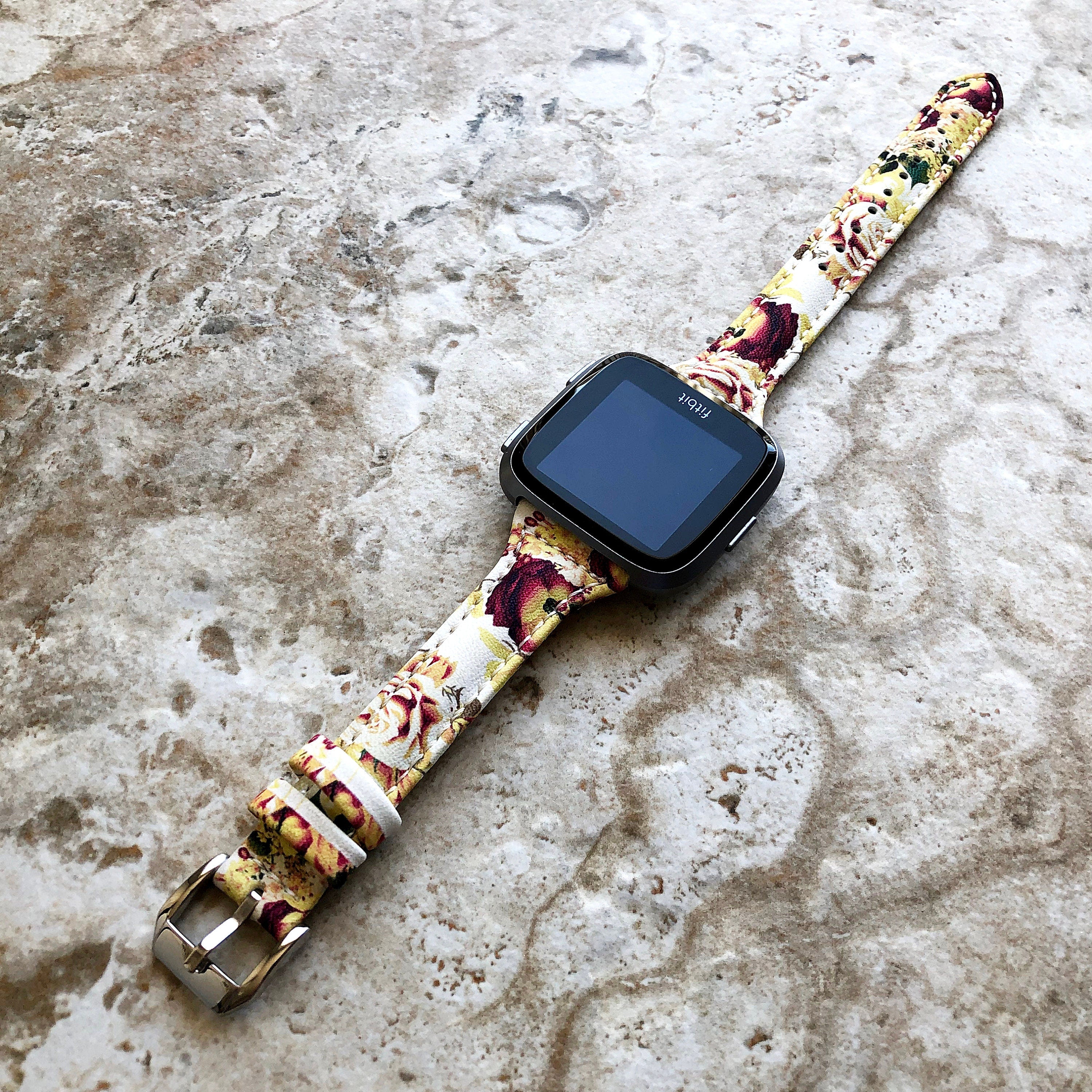 Fitbit Versa Lite 2 3 4 Sense 2 Band Bouquet Slim Elegant Leather Strap with Stitching Details Quick Release Pins Adapters Silver Rose Gold