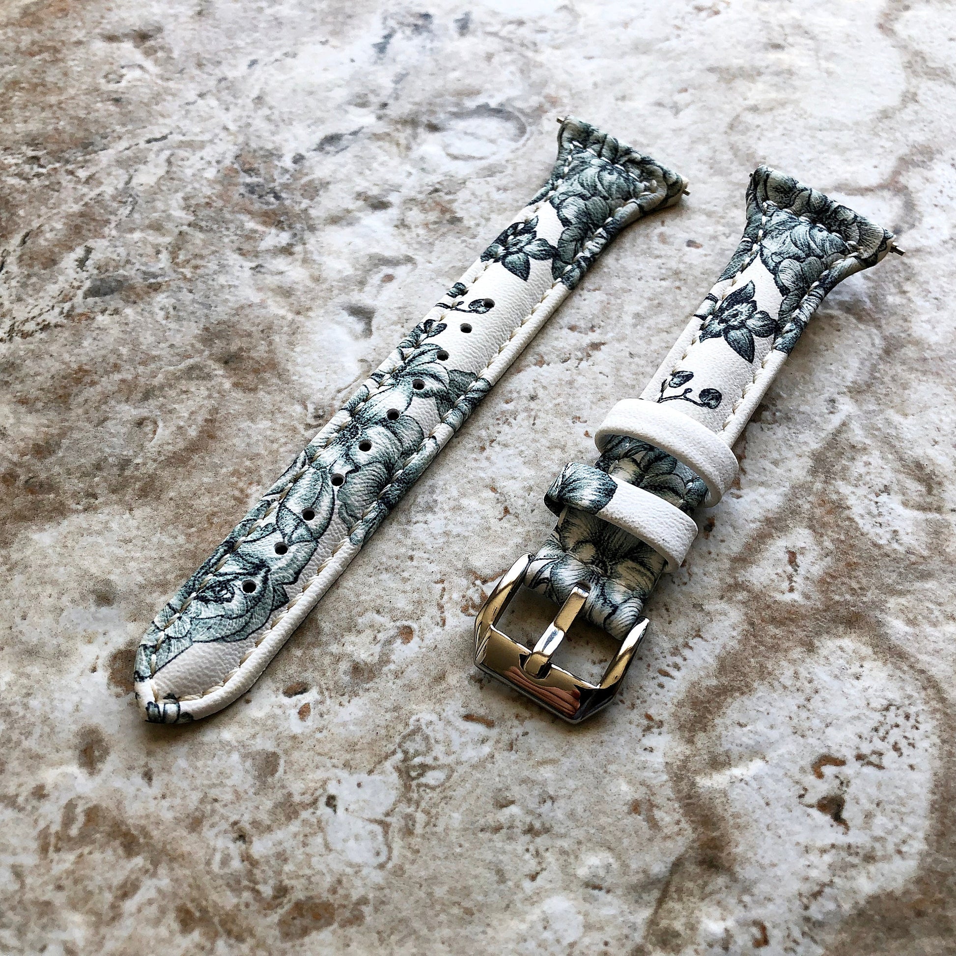 Fitbit Versa Lite 2 3 4 Sense 2 Band Orchids Slim Elegant Leather Strap with Stitching Details Quick Release Pins Adapters Silver Rose Gold