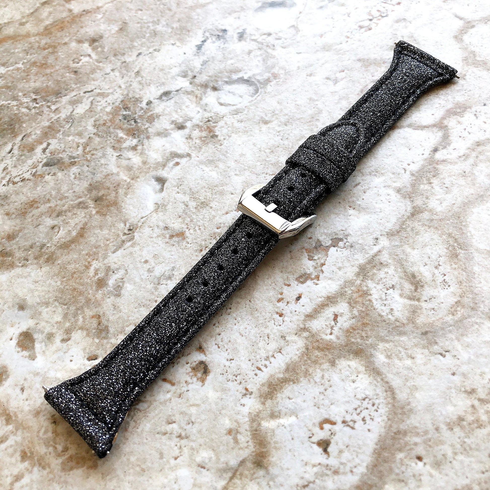 Fitbit Versa 2 3 4 Sense 2 Band Black Sparkling Glitter Slim Elegant Soft Leather Strap with Stitching Details and Quick Release Attachments