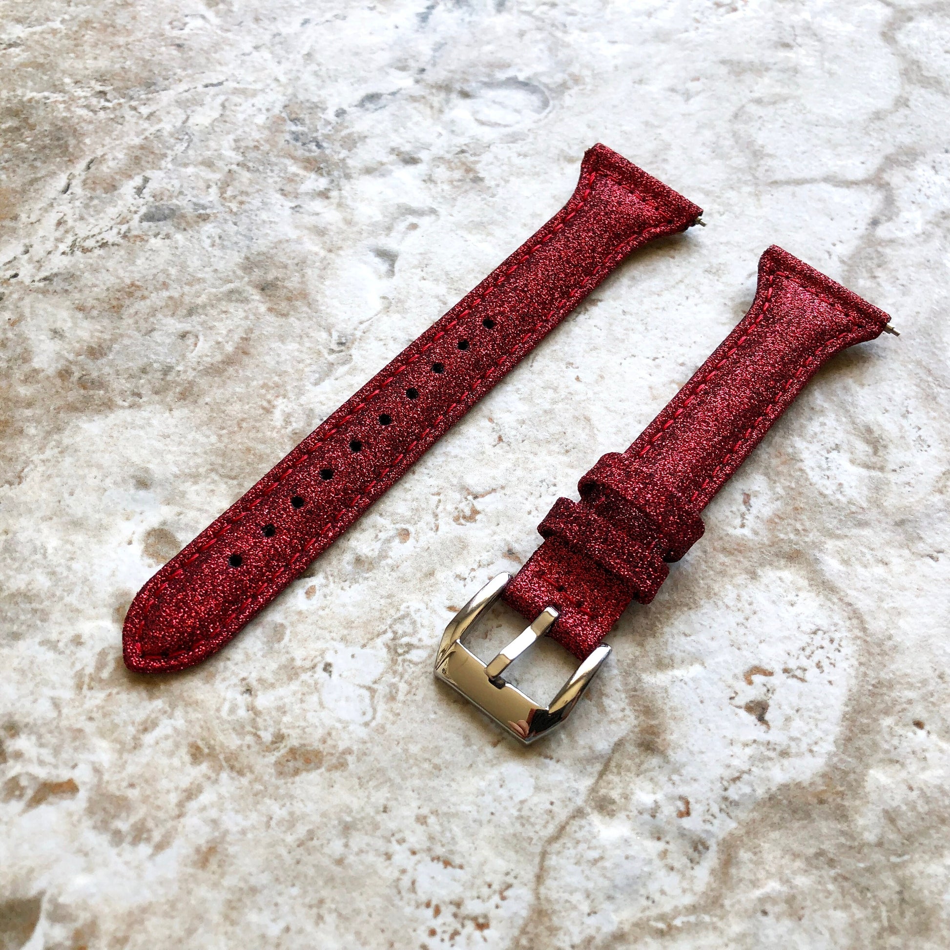 Fitbit Versa 2 3 4 Sense 2 Band Red Sparkling Glitter Slim Elegant Soft Leather Strap with Stitching Details and Quick Release Attachments