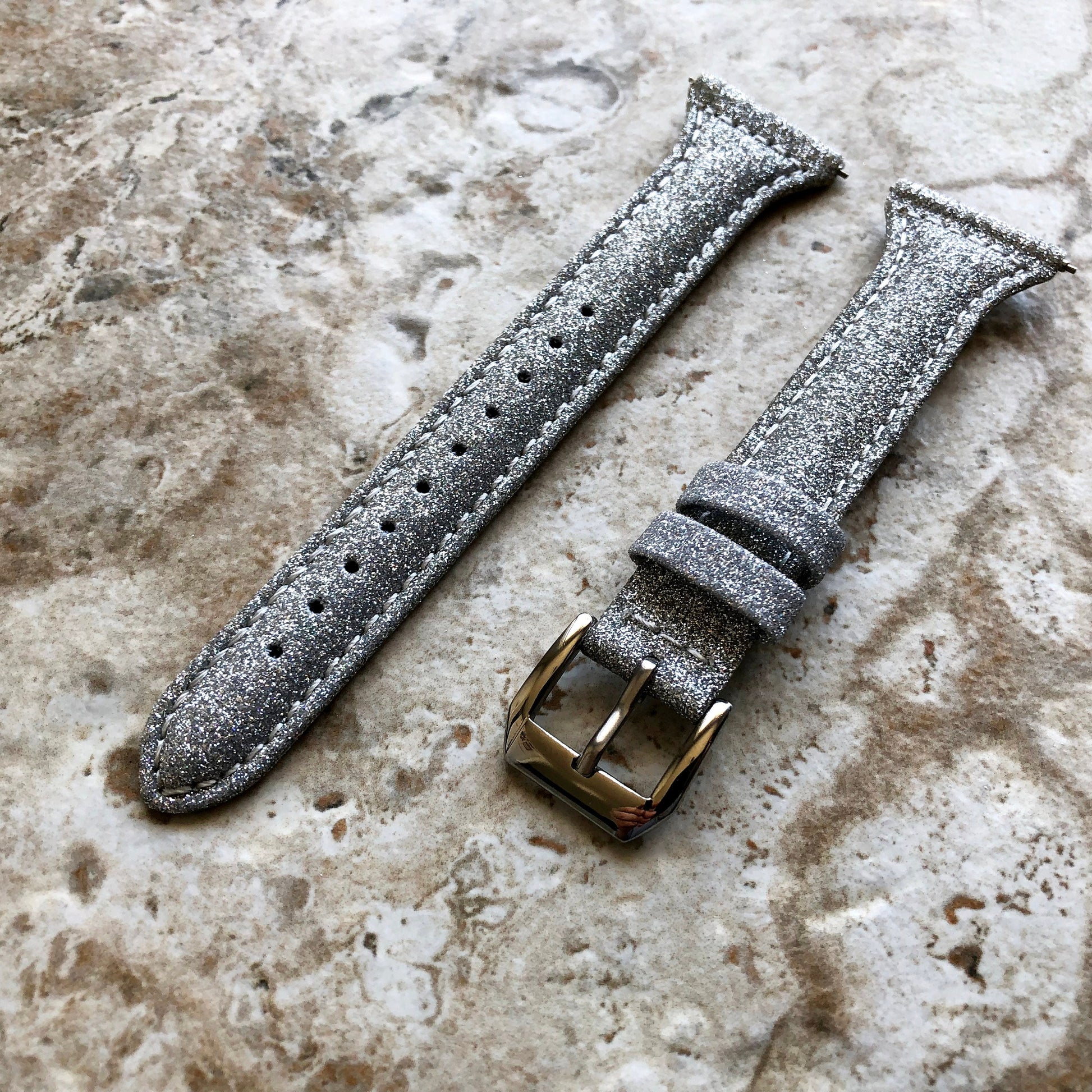 Fitbit Versa 2 3 4 Sense 2 Band Silver Sparkling Glitter Slim Elegant Soft Leather Strap with Stitching Details Quick Release Attachments