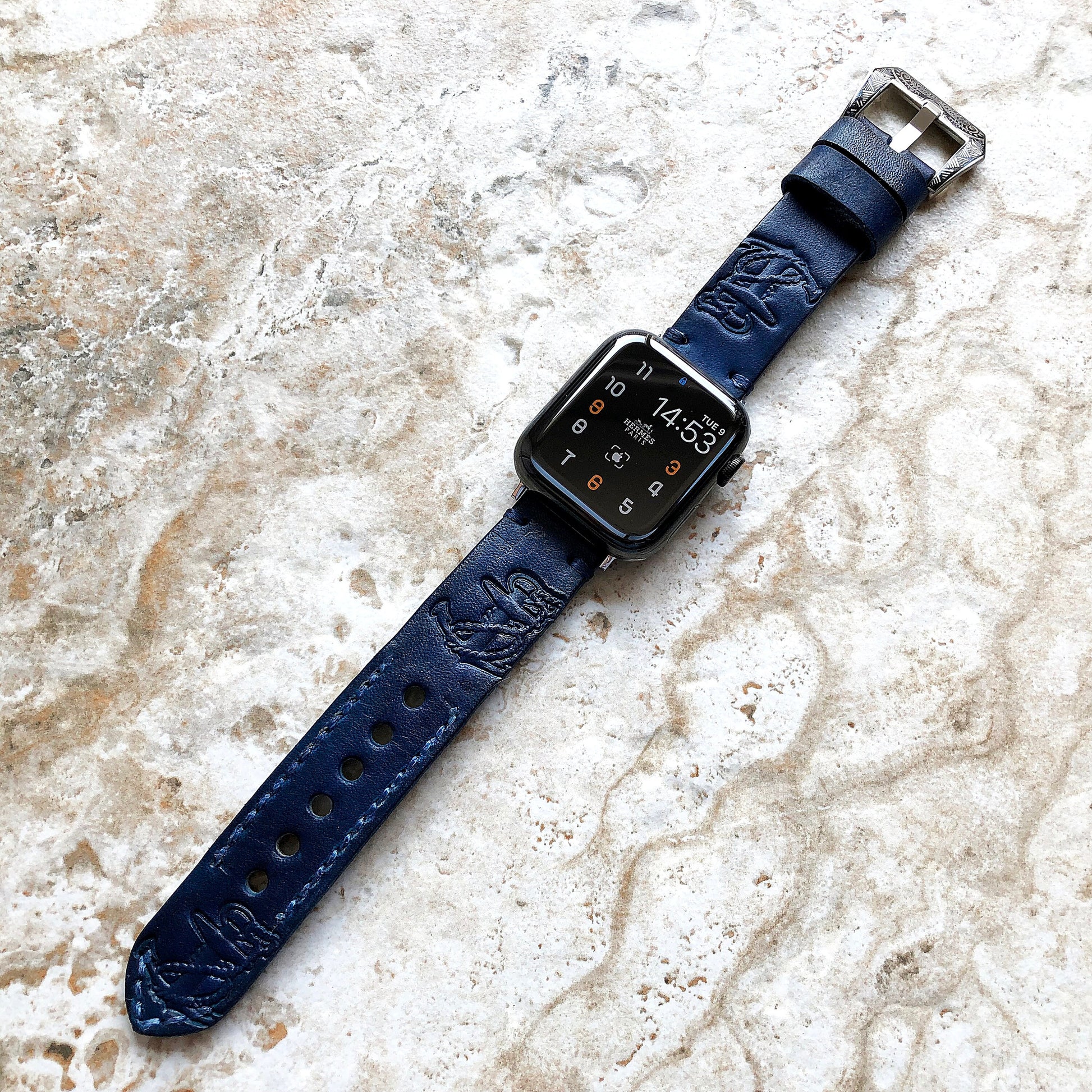 Apple Watch Ultra 2 and 9 8 Series Blue Genuine Leather Band Anchor for iWatch 41mm 45mm 49mm Case Embossed Tooled Handmade Strap Bracelet