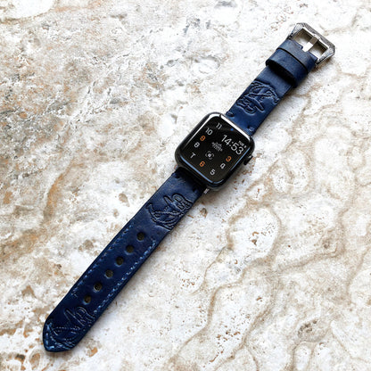 Apple Watch Ultra 2 and 9 8 Series Blue Genuine Leather Band Anchor for iWatch 41mm 45mm 49mm Case Embossed Tooled Handmade Strap Bracelet