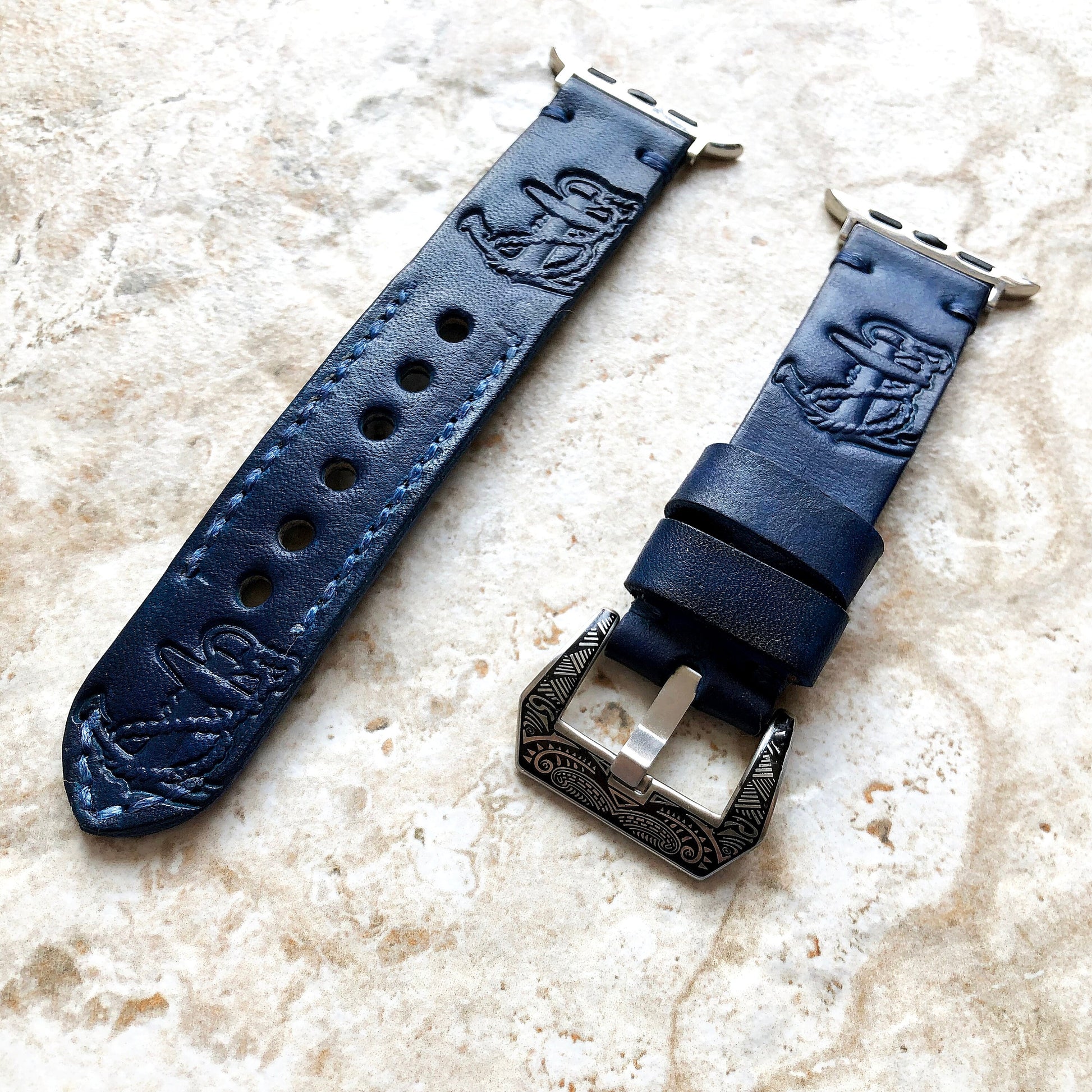 Apple Watch Ultra 2 and 9 8 Series Blue Genuine Leather Band Anchor for iWatch 41mm 45mm 49mm Case Embossed Tooled Handmade Strap Bracelet