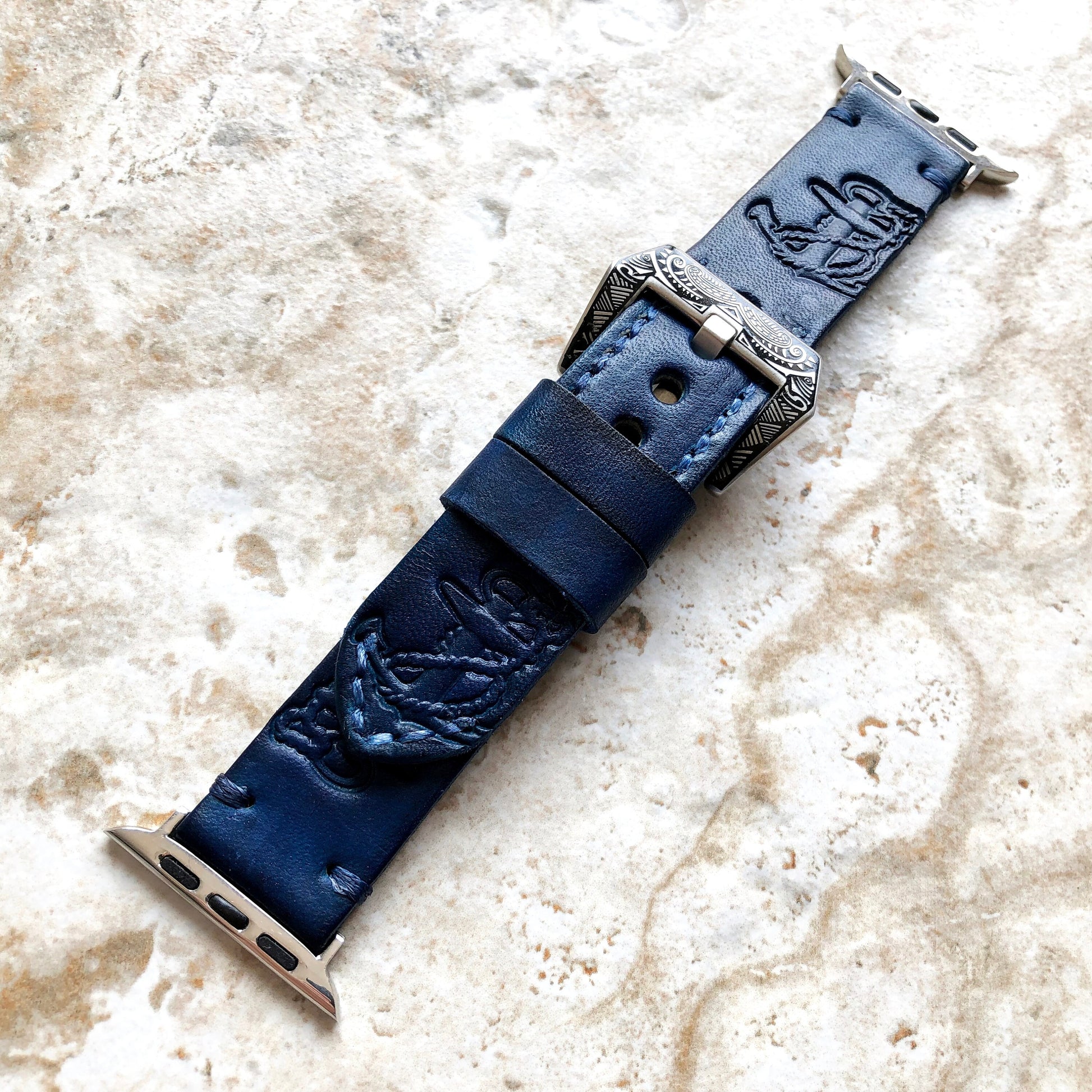 Apple Watch Ultra 2 and 9 8 Series Blue Genuine Leather Band Anchor for iWatch 41mm 45mm 49mm Case Embossed Tooled Handmade Strap Bracelet