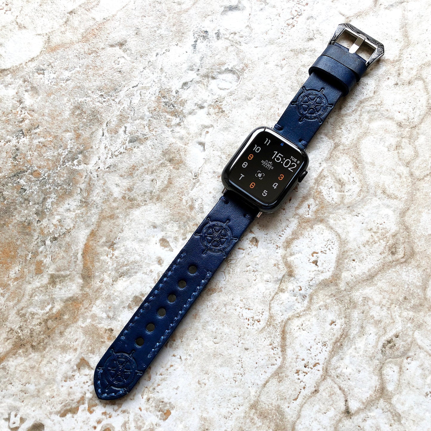 Apple Watch Ultra 2 and 9 8 Series Blue Genuine Leather Band Rudder for iWatch 41mm 45mm 49mm Case Embossed Tooled Handmade Strap Bracelet
