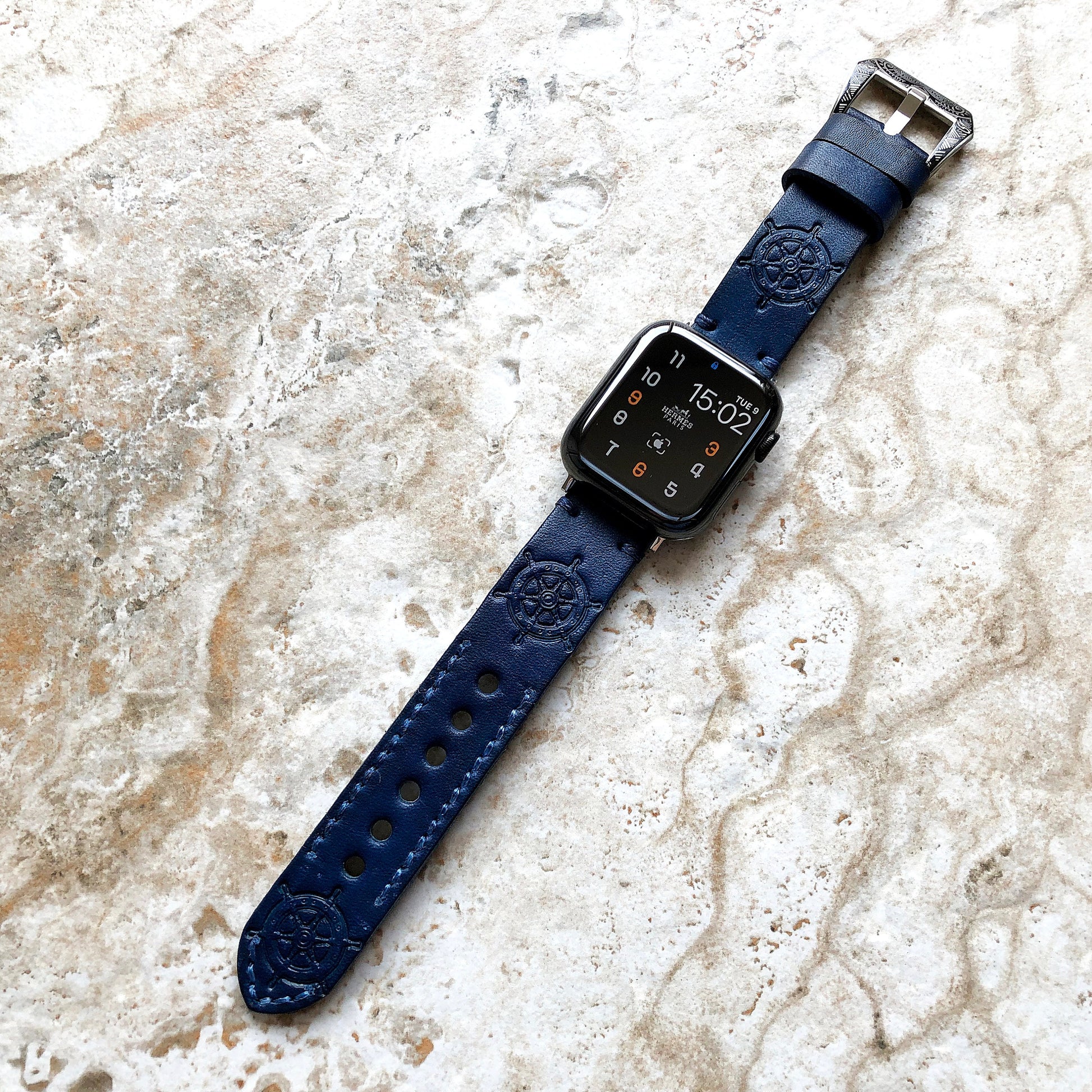 Apple Watch Ultra 2 and 9 8 Series Blue Genuine Leather Band Rudder for iWatch 41mm 45mm 49mm Case Embossed Tooled Handmade Strap Bracelet