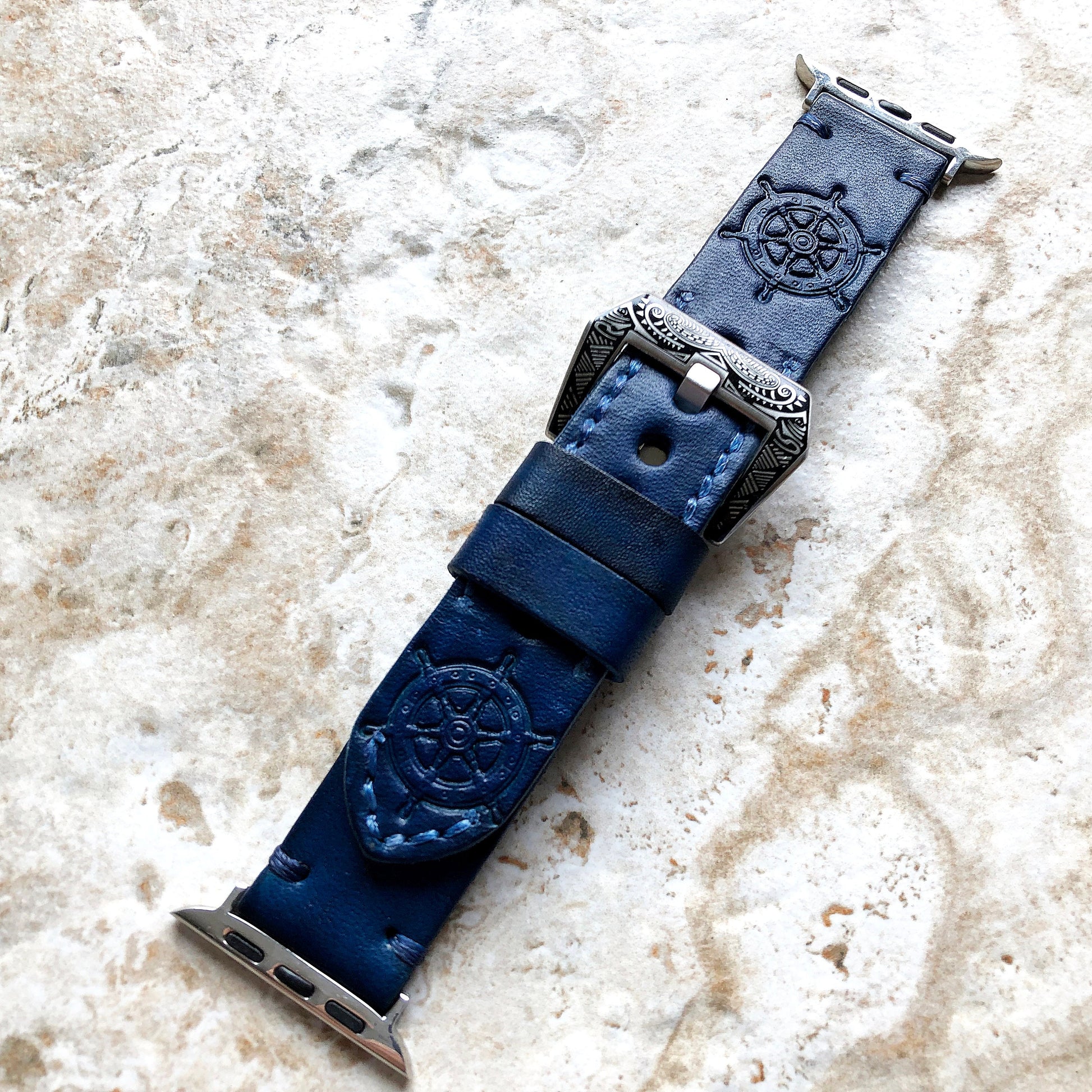 Apple Watch Ultra 2 and 9 8 Series Blue Genuine Leather Band Rudder for iWatch 41mm 45mm 49mm Case Embossed Tooled Handmade Strap Bracelet