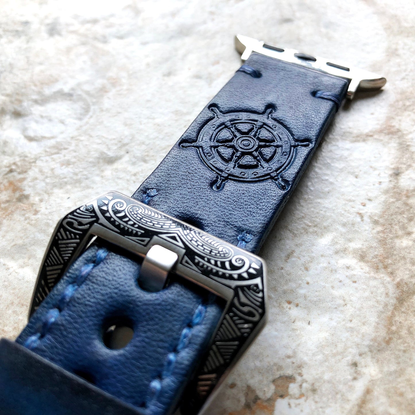 Apple Watch Ultra 2 9 8 7 SE 6 5 4 3 2 Blue Leather Band Rudder for iWatch 38mm 40mm 41mm 42mm 44mm 45mm 49mm Embossed Tooled Strap Bracelet