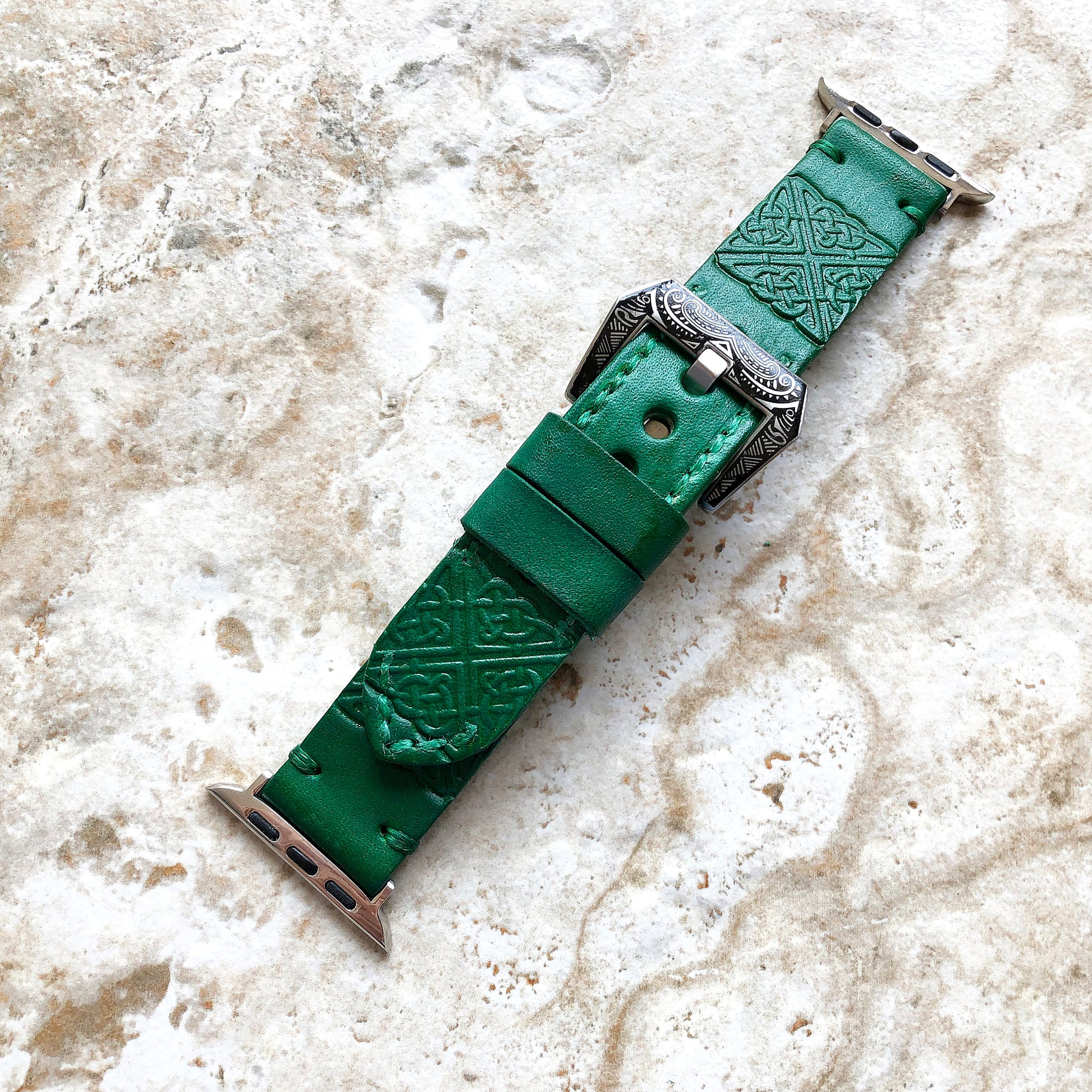 Apple Watch Square Celtic Symbol Tooled Embossed Handmade Green Leather Band Strap for iWatch All Series 38mm 40mm 41mm 42mm 44mm 45mm 49mm