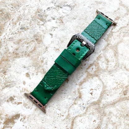 Apple Watch Square Celtic Symbol Tooled Embossed Handmade Green Leather Band Strap for iWatch All Series 38mm 40mm 41mm 42mm 44mm 45mm 49mm