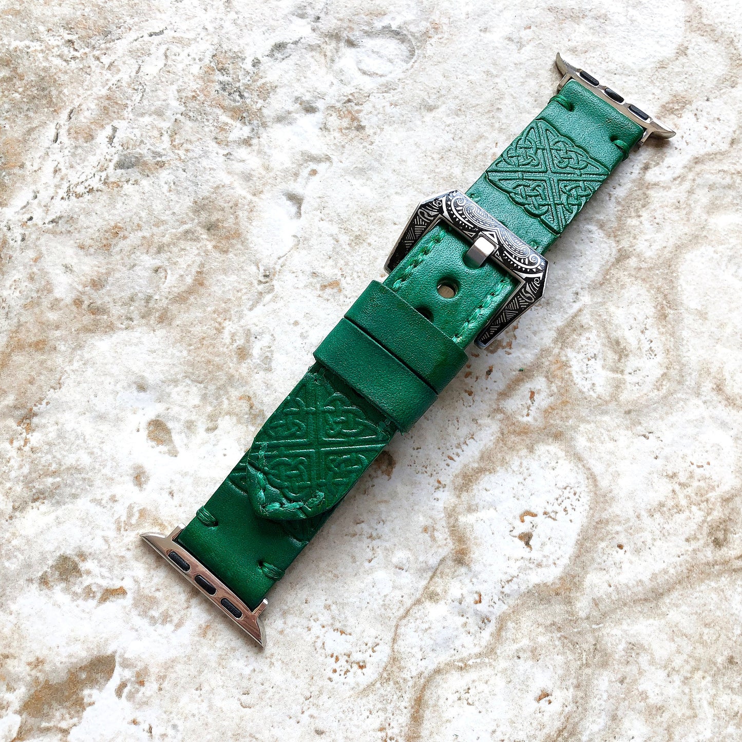 Apple Watch Square Celtic Symbol Tooled Embossed Handmade Green Leather Band for iWatch Ultra 2 49mm and 9 8 Series 41mm 45mm Case Strap