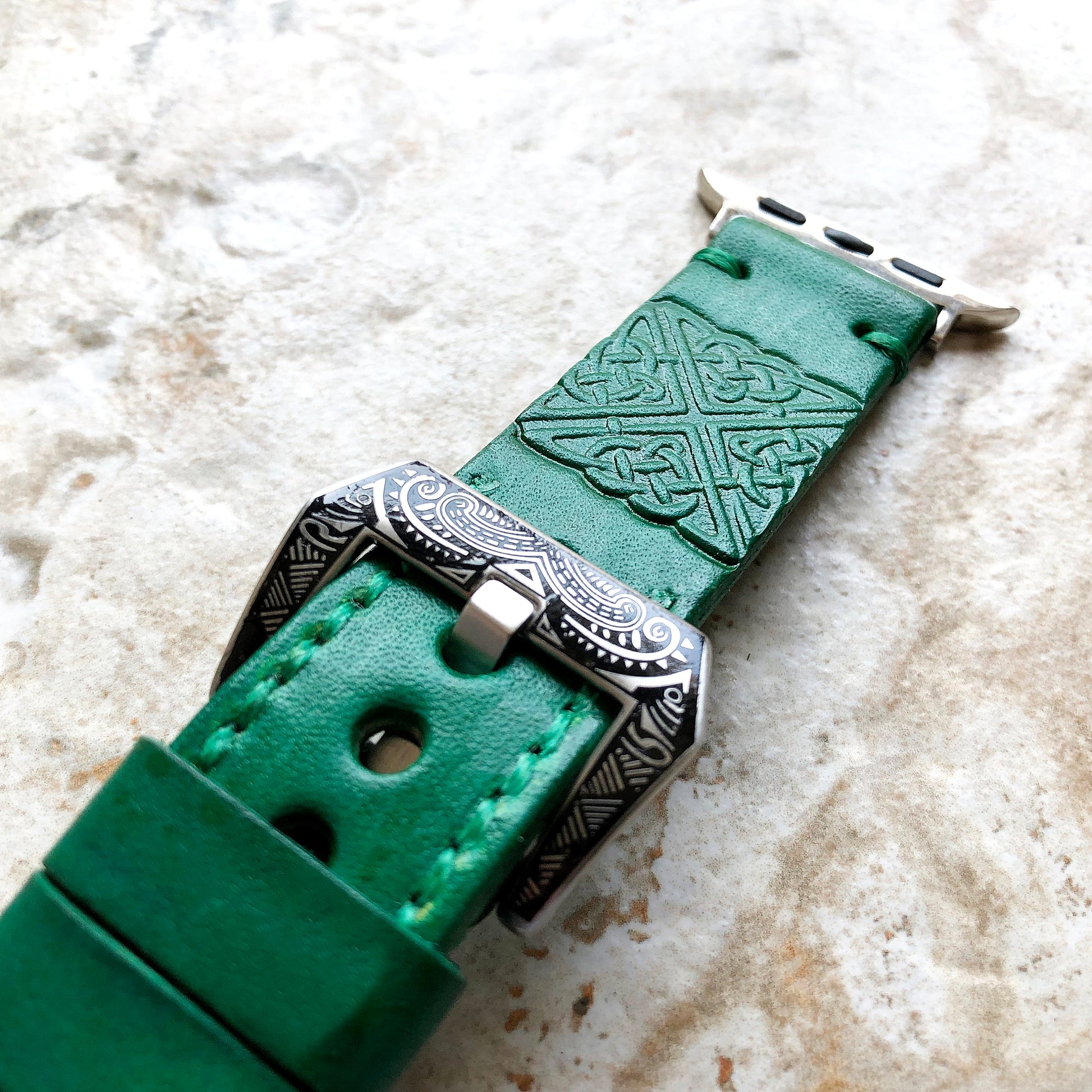 Apple Watch Square Celtic Symbol Tooled Embossed Handmade Green Leather Band Strap for iWatch All Series 38mm 40mm 41mm 42mm 44mm 45mm 49mm