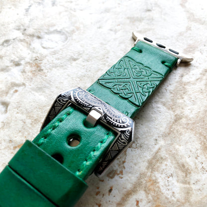 Apple Watch Square Celtic Symbol Tooled Embossed Handmade Green Leather Band Strap for iWatch All Series 38mm 40mm 41mm 42mm 44mm 45mm 49mm
