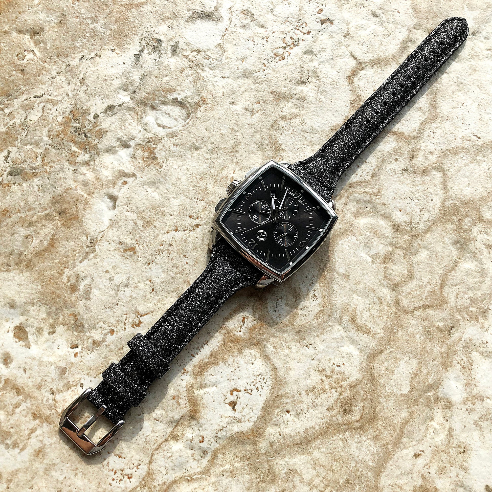 22mm Black Sparkling Glitter Slim and Elegant Soft Leather Watch Strap Band for Wrist Hand Watches Quick Release Pins - Ready to Attach