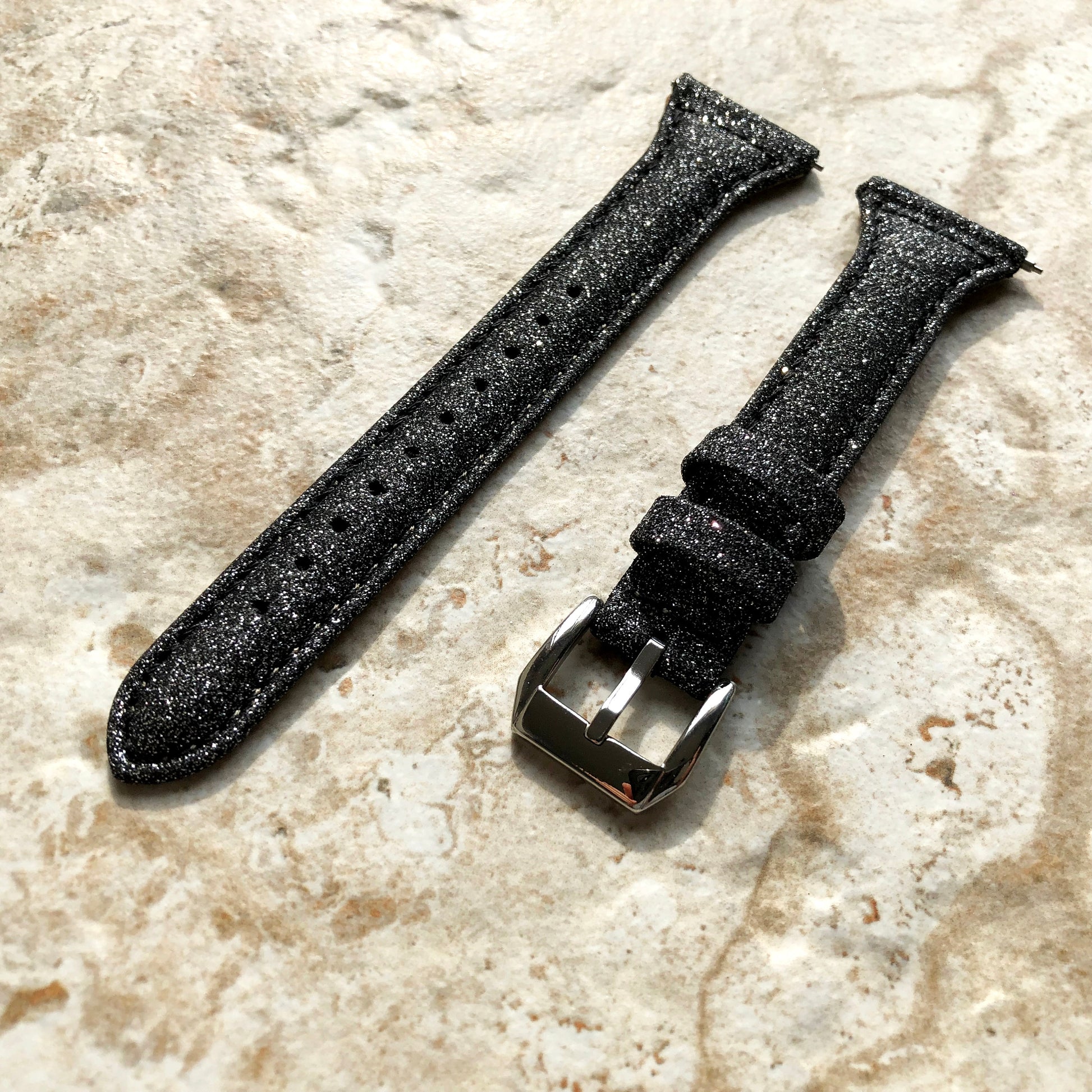22mm Black Sparkling Glitter Slim and Elegant Soft Leather Watch Strap Band for Wrist Hand Watches Quick Release Pins - Ready to Attach