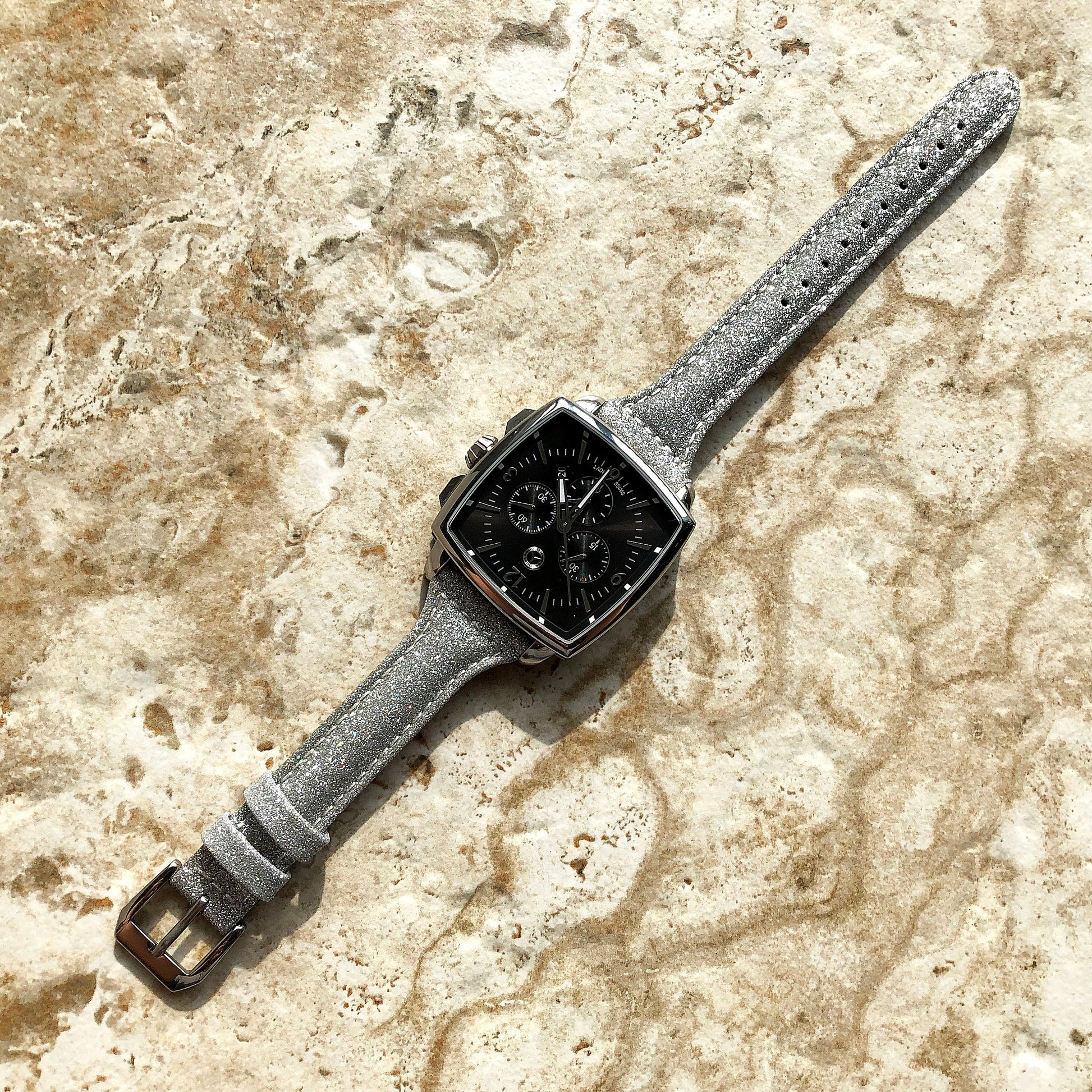22mm Silver Sparkling Glitter Slim and Elegant Soft Leather Watch Strap Band for Wrist Hand Watches Quick Release Pins - Ready to Attach