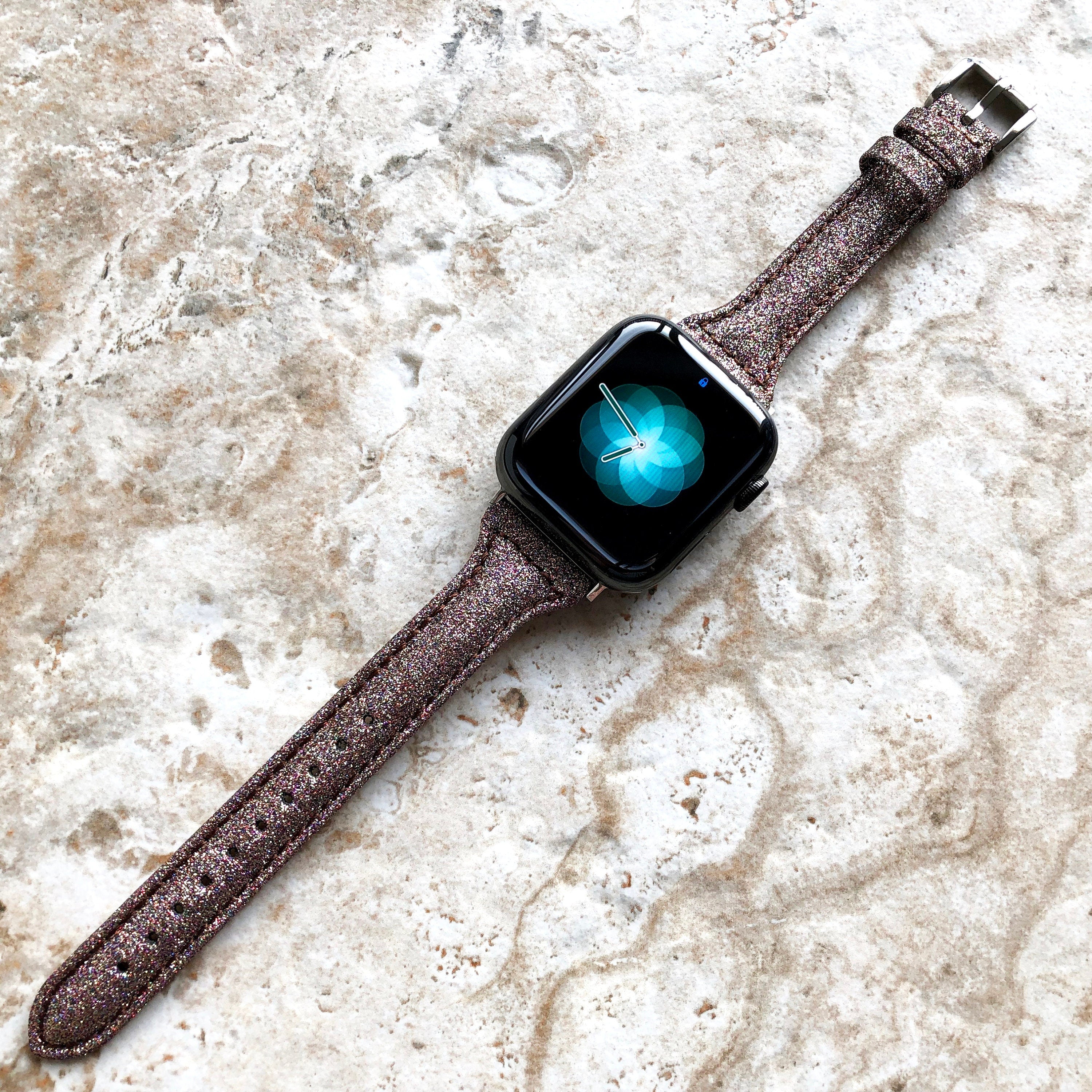 Apple Brown Sparkling Glitter Slim Elegant Soft Leather Band Straps Bracelet for iWatch Ultra 2 49mm and 9 8 Series 41mm 45mm Case
