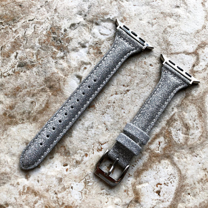Apple Silver Sparkling Glitter Band for iWatch Ultra 2 49mm and 9 8 Series 41mm 45mm Case Handmade Slim Elegant Soft Leather Straps