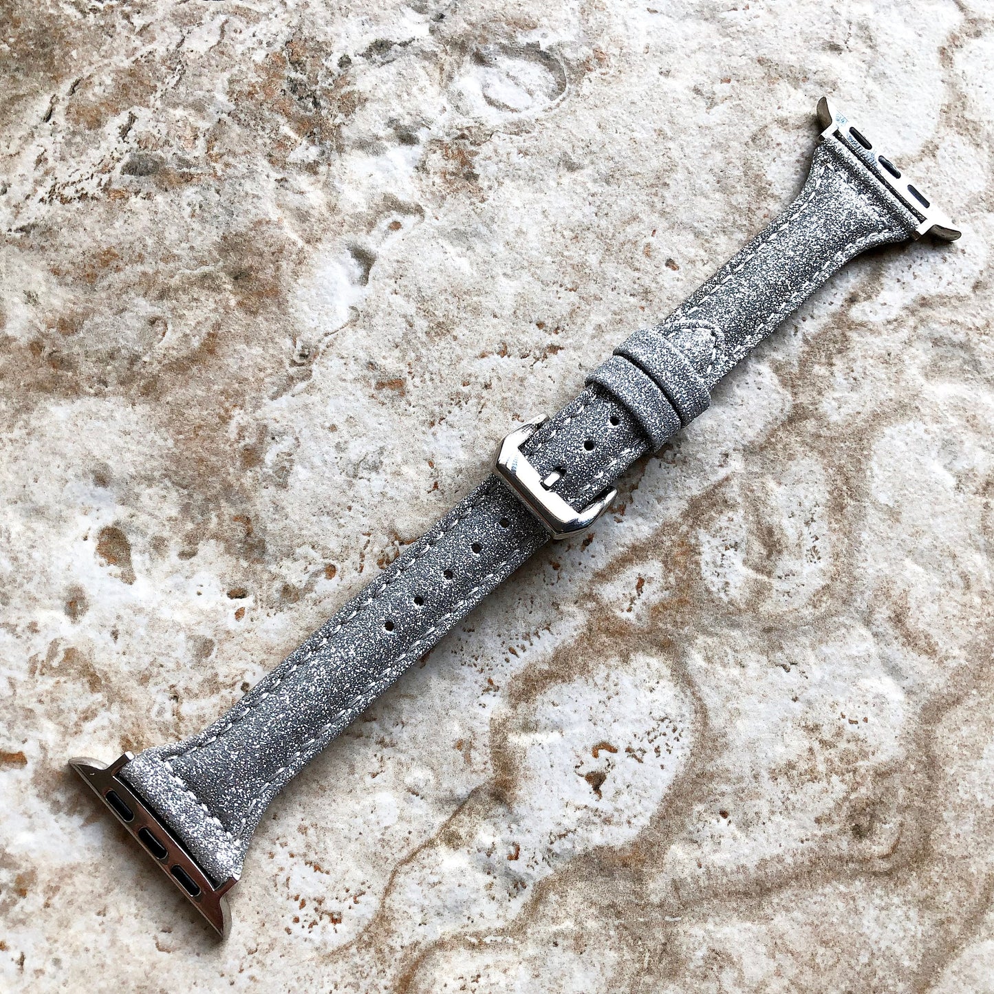 Apple Silver Sparkling Glitter Band for iWatch Ultra 2 49mm and 9 8 Series 41mm 45mm Case Handmade Slim Elegant Soft Leather Straps