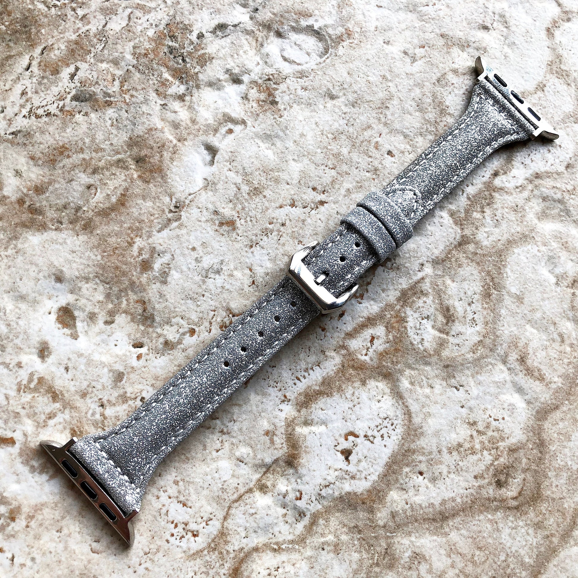 Apple Silver Sparkling Glitter Band for iWatch Ultra 2 49mm and 9 8 Series 41mm 45mm Case Handmade Slim Elegant Soft Leather Straps