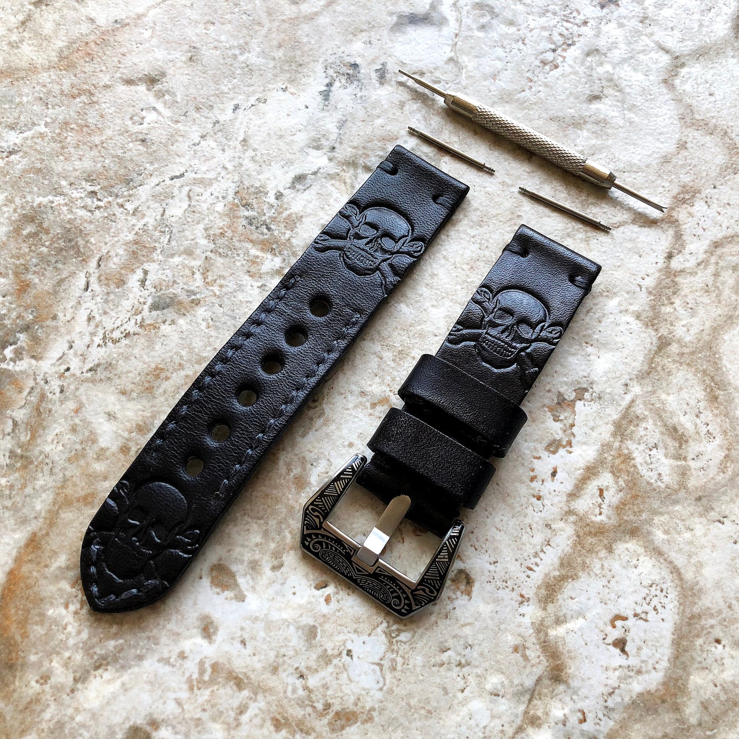 Garmin Skull X Bones Black Leather Band for Forerunner 745 265 255 Venu 3 2 Darth Vader First Avenger Vivoactive 4 Embossed Strap Tool B22