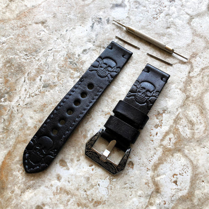 Garmin Skull X Bones Black Leather Band for Forerunner 745 265 255 Venu 3 2 Darth Vader First Avenger Vivoactive 4 Embossed Strap Tool B22