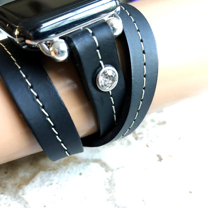 Apple Watch New Vintage Style Black Leather Band Strap Wrap Bracelet with Crystals for iWatch Ultra 2 49mm and 9 8 Series 41mm 45mm Case