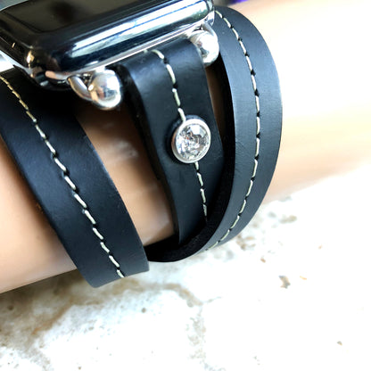 Apple New Black Vintage Style Band for iWatch All Series 38mm 40mm 41mm 42mm 44mm 45mm 49mm Fashion Leather Strap Wrap Bracelet Crystals