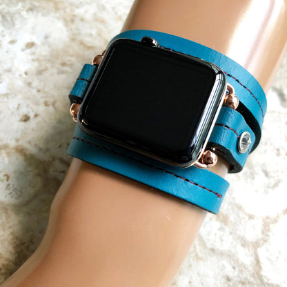 Apple New Blue Vintage Style Band for iWatch All Series 38mm 40mm 41mm 42mm 44mm 45mm 49mm Fashion Leather Strap Wrap Bracelet Crystals