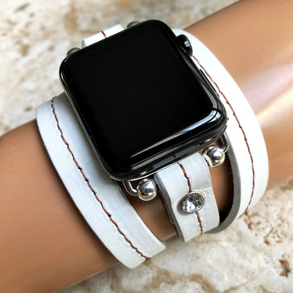 Apple New White Vintage Style Band for iWatch All Series 38mm 40mm 41mm 42mm 44mm 45mm 49mm Case Leather Strap Wrap Bracelet with Crystals