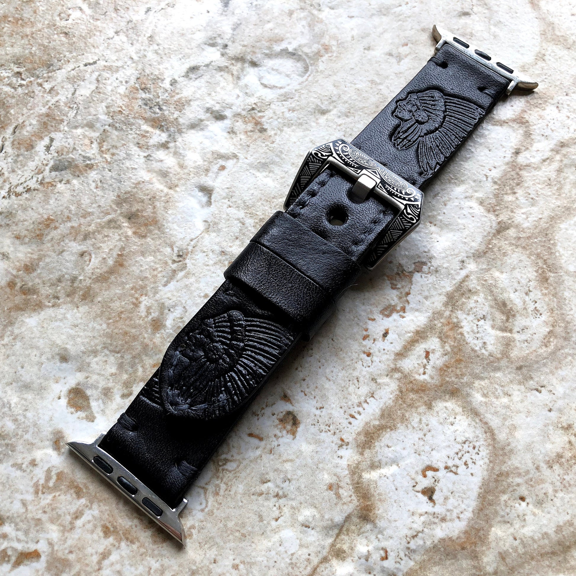 Chief Boss Band 22mm 24mm 25mm Tooled Embossed Genuine Leather Compatible with Apple Watch Fitbit Versa 2 3 4 Sense 2 Ionic Handmade Strap