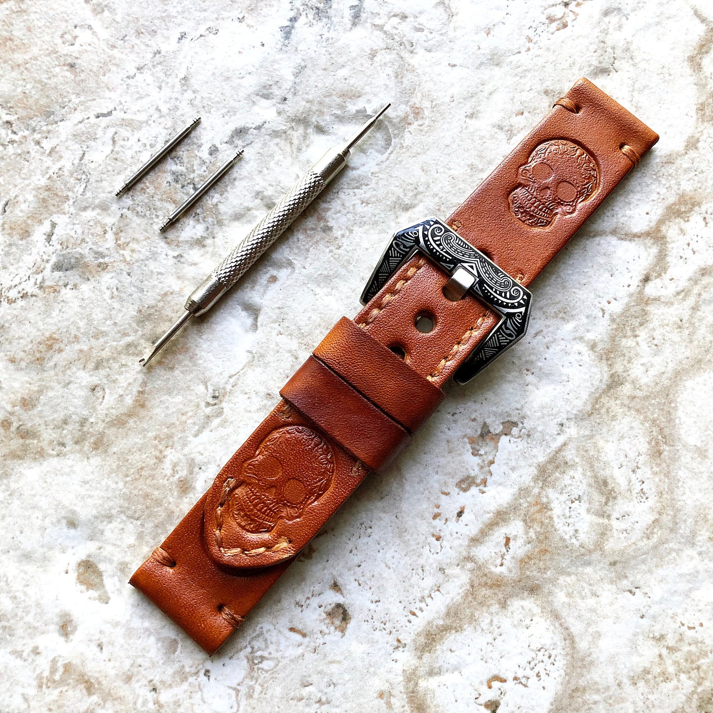 Fancy Skull Band 22mm 24mm 25mm Tooled Embossed Genuine Leather Compatible with Apple Watch Fitbit Versa 2 3 4 Sense 2 Ionic Handmade Strap